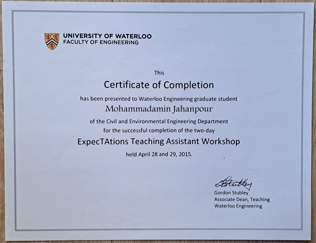 University of Waterloo teaching certificate